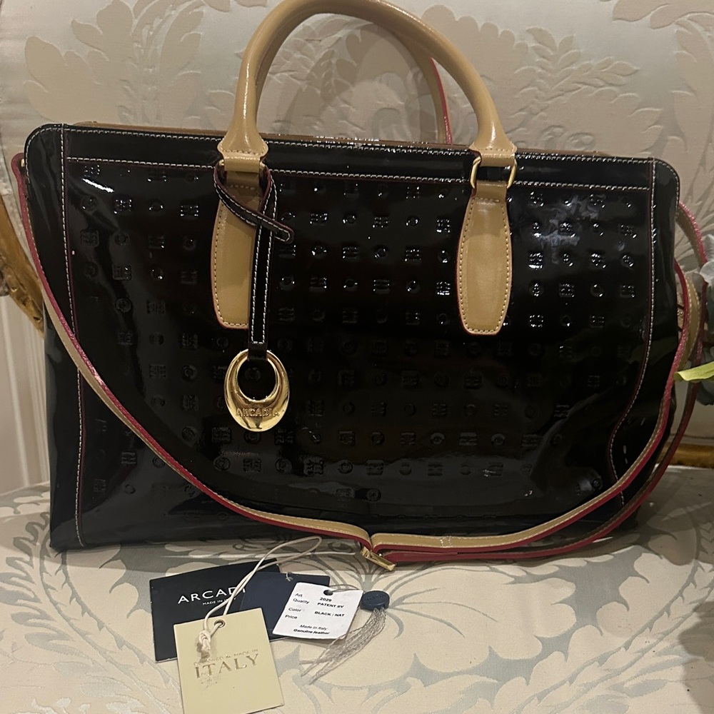 Arcadia genuine patent leather brown, and tan shoulder bag satchel. Has tags.